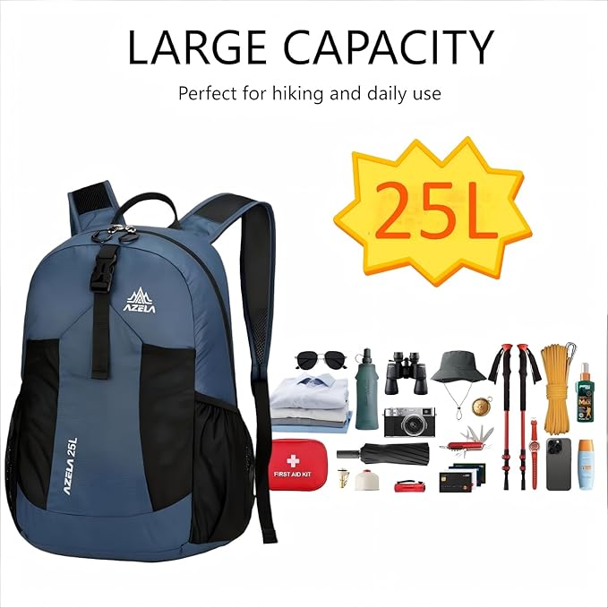 Lightweight Packable Backpack 25L Small Lightweight Backpack for Travel Hiking Daypack Foldable Daypack for Women Men Blue