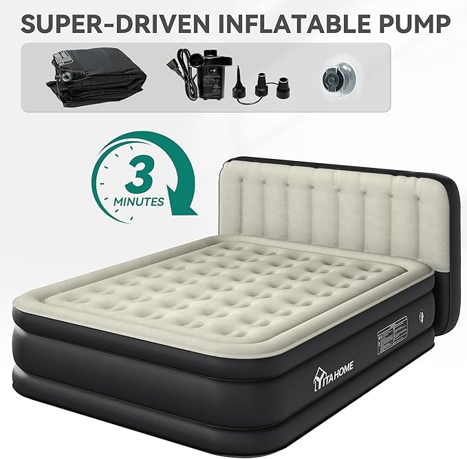 YITAHOME 18'' Flocked Top Queen Air Mattress with Built-in Pump and Headboard, Durable Inflatable Bed, Blow-Up Mattress for Indoor and Outdoor Use, Black