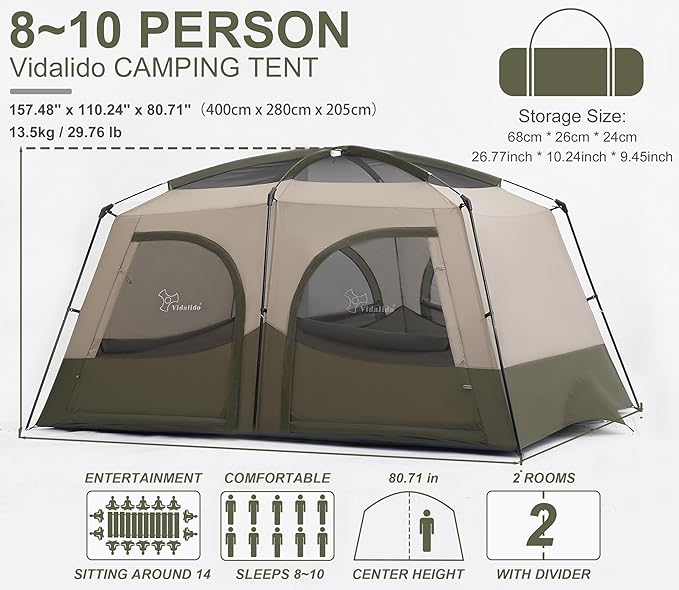 Vidalido Tents，8-10 Person Camping Tent with Extended Vestibule，2 Room Weather Resistant Family Tents，Easy Install Waterproof Outdoor Tent for Camping Hiking