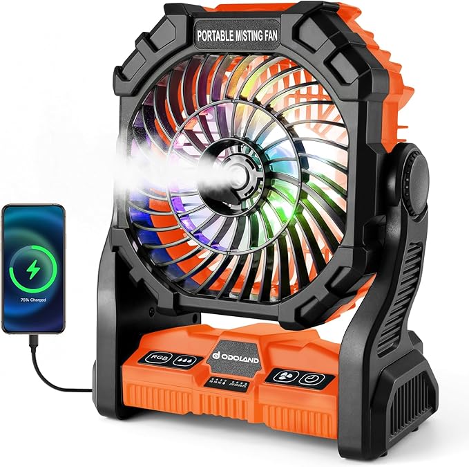 Odoland 20000mAh Camping Fan, Portable Misting Fan with Light, Battery Operated Rechargeable Mister Tent Fans with Hook & 250mL Water Tank, Cooling Mist for Outdoor Beach Patios RV Car Summer