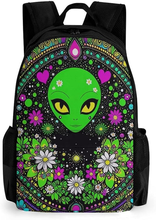 Supdreamc Daypack Polyester Anti-Theft Multipurpose Psychedelic Space Alien Daisy Flowers Art Bookbag Big Capacity Gym Outdoor Hiking Backpack With Adjustable Shoulder Straps