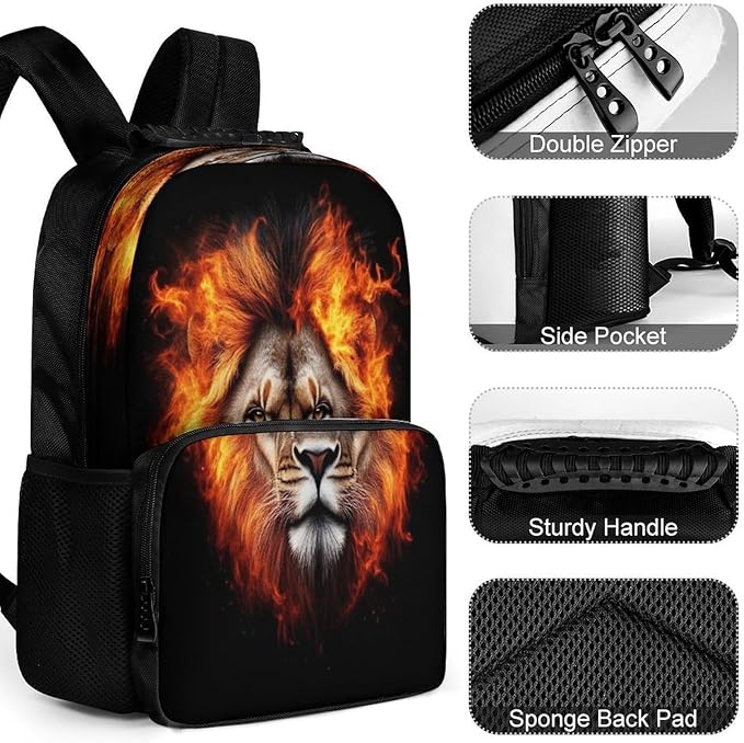 Rucksack Polyester Anti-Theft Multipurpose Cool Flaming Lion Fire Art Bookbag Big Capacity Travel and Sport Backpack Rucksack With Side Pockets