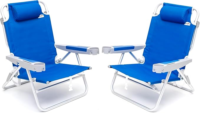 SUNNYFEEL Extra Wide 28" Low Beach Chair 2 Pack 5 Position Lay Flat, XL Oversized Portable Folding Camping Chairs with Cup Holder for Outdoor/Trip, Foldable Backpack Beach Chair for Adults