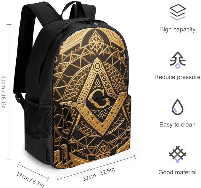 Rucksack Multipurpose Anti-Theft Big Capacity Shoulder Bag, Gold Freemason Freemasonry Masonic Art Travel Hiking Camping Rucksack With Side Pockets