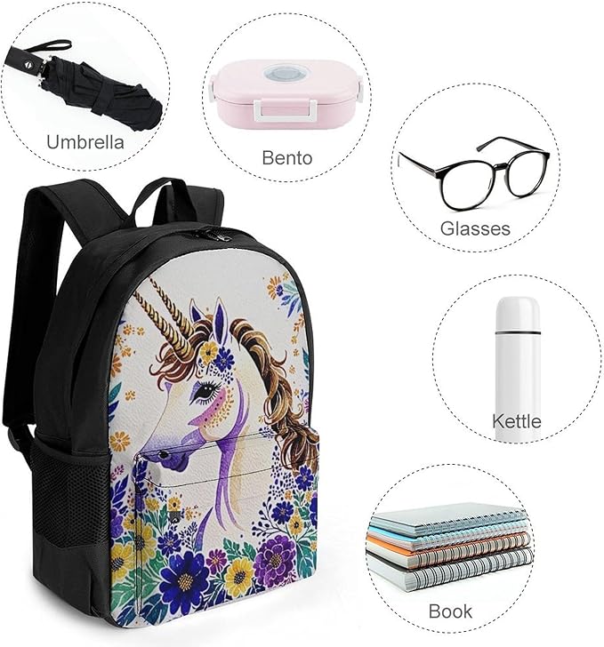 Supdreamc Daypack Anti-Theft Multipurpose Large Capacity Shoulder Bag, Unicorn Purple Flower Travel Hiking Camping Rucksack With Smooth Zippers