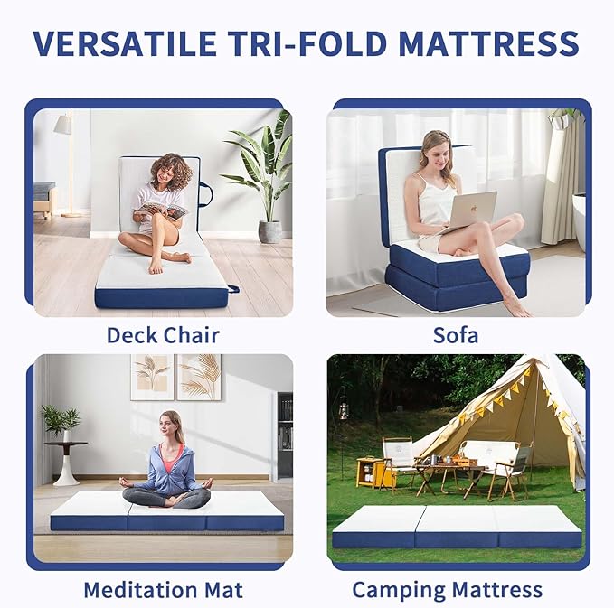 CYMULA Folding Mattress Single Size,6 inch Memory Foam Tri Portable Trifold Mattress Topper Single with Breathable & Washable Cover, Foldable Guest Bed for Camping(25"×75"×6")