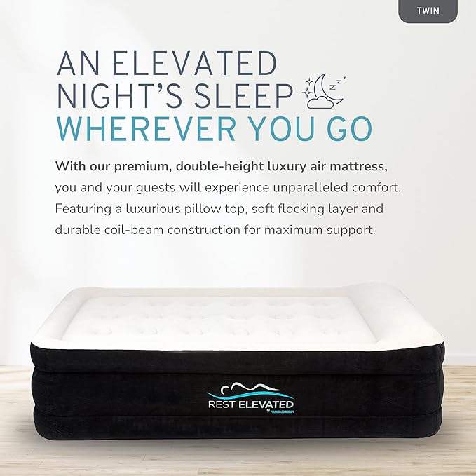 RestElevated Luxury Pillow Top Twin Size Air Mattress with Built in Pump | 20" Raised Height with Coil Beam Support | Adjustable Blow Up Air Bed | for Home, Guests and Camping [Black with Cream Top]