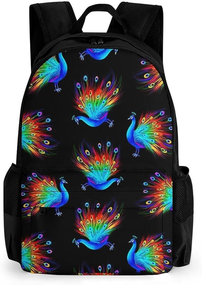 Men Women Polyester Rainbow Peacock Art Black Daypack Backpack Large Capacity Carry On Bag With Smooth Zippers for Hiking Picnic Walking Cycling
