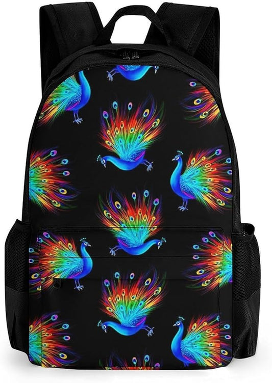 Men Women Polyester Rainbow Peacock Art Black Daypack Backpack Large Capacity Carry On Bag With Smooth Zippers for Hiking Picnic Walking Cycling