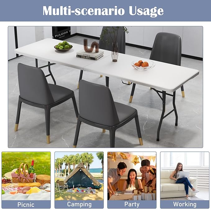 Tangkula 8 FT Folding Table, Indoor Outdoor Foldable Plastic Table with HDPE Tabletop, Sturdy Metal Fame, Carrying Handle, Heavy Duty Portable Fold-in-Half Picnic Table for Camping BBQ Party