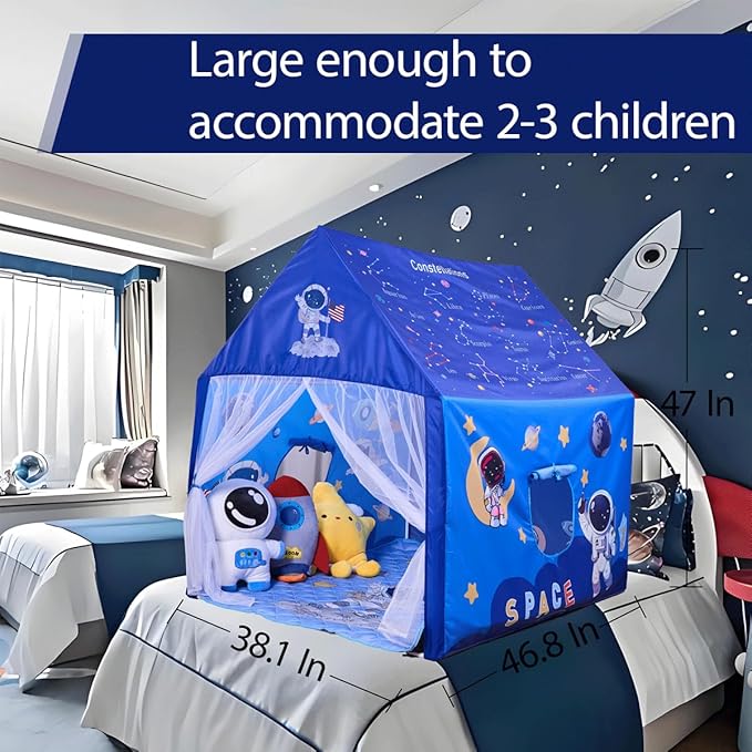 Space Rocket Ship Kids Tent with Mat for Boys & Girls Aged 3+ Toddler for Indoor Outdoor Playhouse Tent Set Sizes 47×46.8×38.1In,Washable