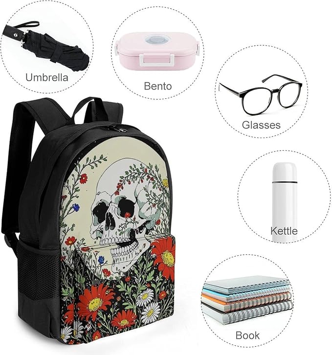 Supdreamc Daypack Backpack Polyester Anti-Theft Multipurpose Psychedelic Skull Skeleton Floral Art Bookbag Big Capacity Travel Hiking Camping Rucksack With Smooth Zippers