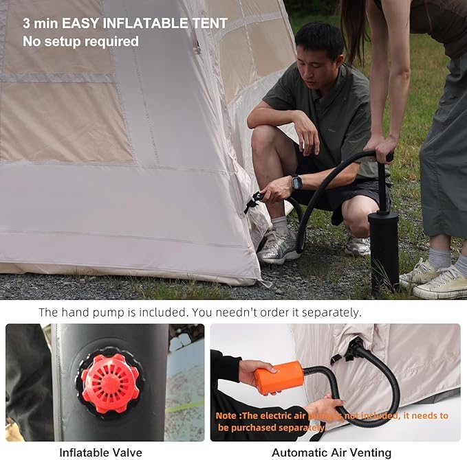 3-4 Person Inflatable Camping Tent Blow Up Tent with Hand Pump Easy Setup Waterproof Inflatable Tent Cabin