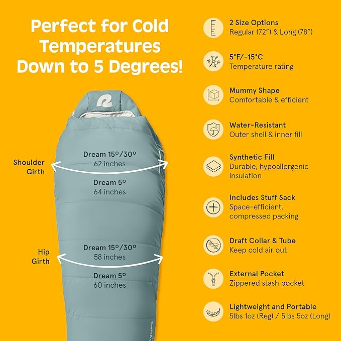 Retrospec Dream Mummy Sleeping Bag - 30°F Camping & Travel Essential Gear with Water - Resistant Shell & Synthetic Fill - Zippered Pocket & Stuff Sack