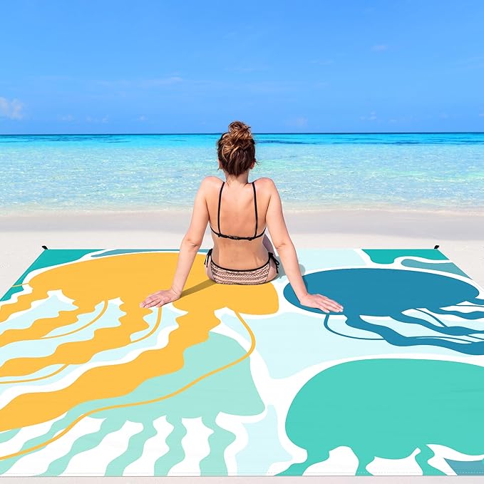 Beach Blanket Waterproof Sandproof Oversized, 110''×118'' Extra Large Beach Mat Sand Free, Lightweight Compact Foldable Picnic Blanket w/ 4 Stakes & Pockets for Camping, Travel, Beach Accessories