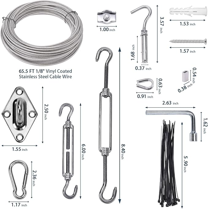 Shade Sail Hardware Kit 6 inch with 65.5FT 1/8" Wire Rope Kit for Triangle Rectangle Sun Shade Sail Outdoor Installation turnbuckles for Cables Wire for Outdoor,Garden,Kitchen,Craft,123PCS