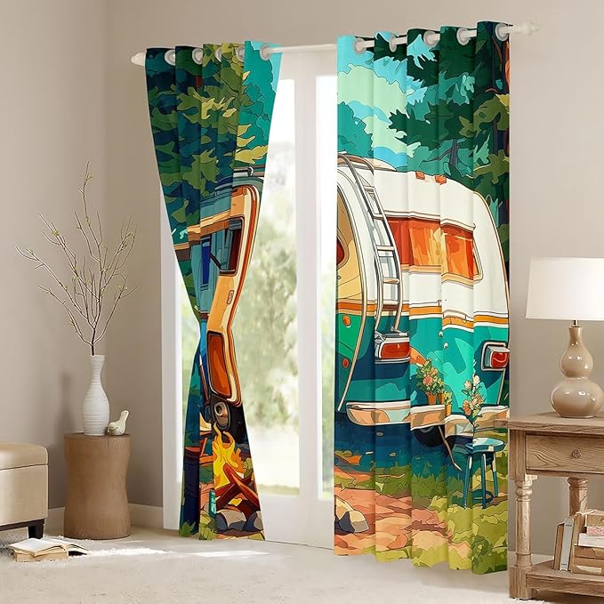 Camper RV Trailer Window Drapes,Tent Bonfire Campfire Pine Tree Nature Boys Girls Room Decor,Rustic Farmhouse Cabin Blackout Curtains,Watercolor 2 Panels,42Wx84L inch