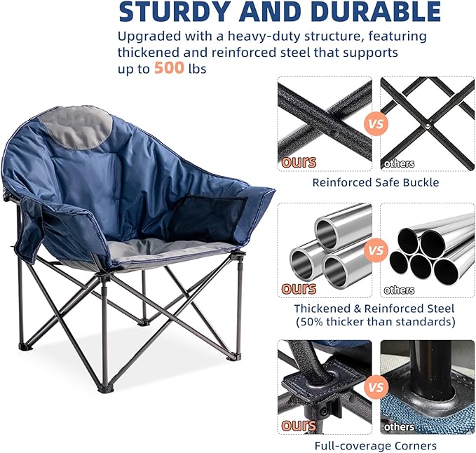Oversized Camping Chair with Cup Holder & Carry Bag - 500lbs Heavy Duty Moon Saucer Chair for Outdoor, Lawn, Sports, Patio - Padded Folding Sofa Chair, Light Blue & Gray
