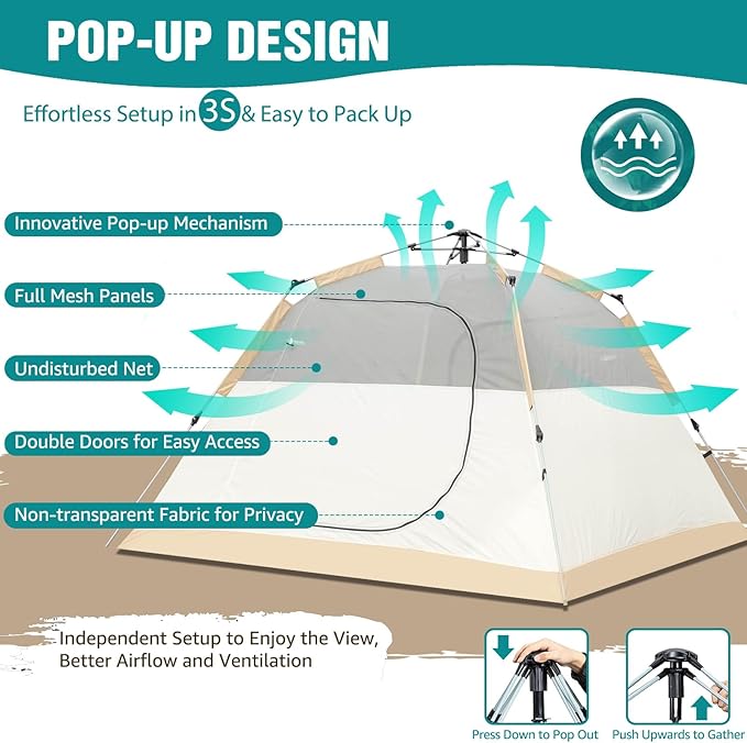 Chihee Camping Tents Pop-Up Portable Tent Outdoor Shelter,Family Tent 2 Doors Instant Set up Large Weatherproof Tent 4 Seasons Tents with Screened Porch Room Awning Include Rain Fly Carry Bag Hiking