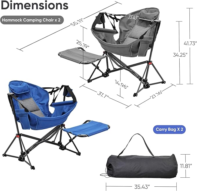 Ainfox Hammock Camping Chair with Footrest, Heavy Duty Foldable Portable Rocking Hammock Chairs Outside Swinging Camp with Cup Holder Pillow for Outdoor Patio Poolside Grey Blue