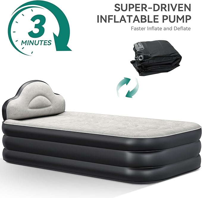 YITAHOME Twin XL Size Air Mattress with Built-in Pump, 18in Inflatable Bed with Headboard, Blow Up Mattress with Carry Bag and Repair Tools for Guest, Travel, and Camping, Black