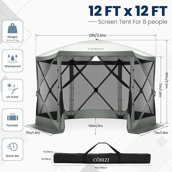 COBIZI Pop Up Gazebo Screen Tent Screen House for Camping, 12x12 Screen Room with Mosquito Netting, Hub Tent Instant Screened Canopy with Carrying Bag and Ground Stakes, Gray