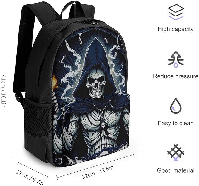 Men Women Lightweight Skull Fire Backpack Large Capacity Bookbag With Smooth Zippers for Gym Business Running