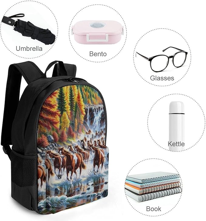 Supdreamc Rucksack Polyester Anti-Theft Multipurpose Beautiful Horses Running In River Waters Carry On Bag Large Capacity Travel and Sport Backpack Rucksack With Smooth Zippers
