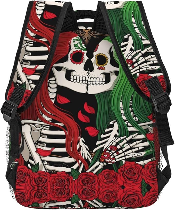 Men Women Polyester Skull Red And Green Hair Art Daypack Big Capacity Shoulder Bag With Smooth Zippers for Hiking Work Walking Cycling