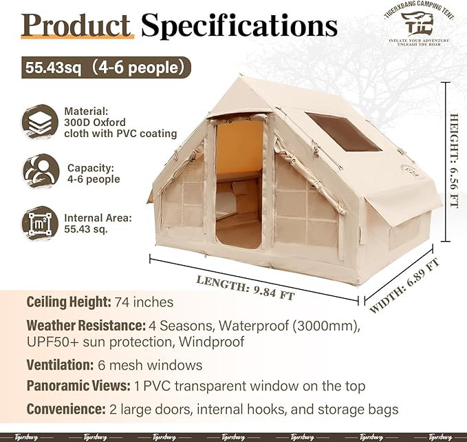 Inflatable Tent for Camping, 4-6 Person Glamping Air Tents, Easy Setup 4 Season Luxury Cabin, Waterproof & Windproof Inflatable House Tent with Panoramic View Windows