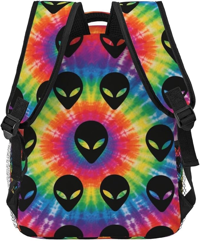 Men Women Polyester Tie Dye Alien Daypack Backpack Large Capacity Carry On Bag With Smooth Zippers for Hiking Picnic Walking Cycling