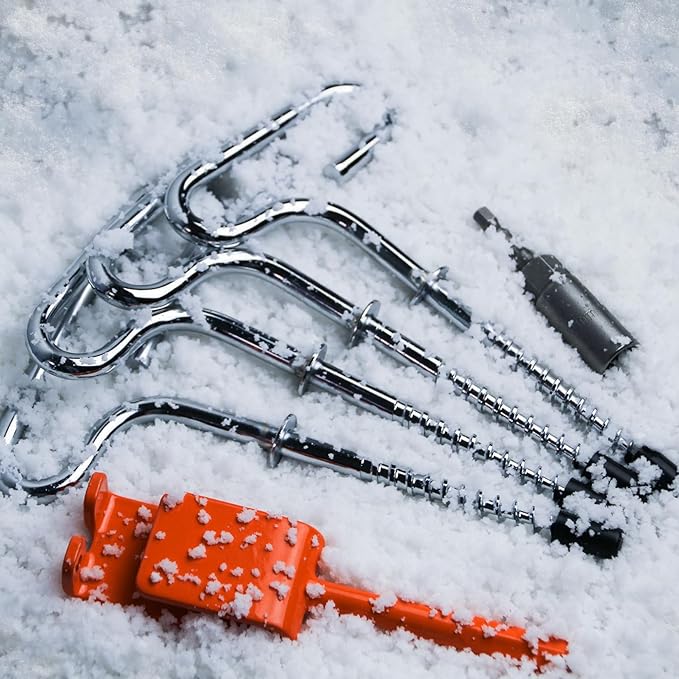 Ice Anchor Tool Kit, Ice Fishing Tent Stakes Nails with Drill Adapter, Stainless Steel Augers Accessories Set, Threaded Gear Equipment with Protective Bag for Setting Up Camping Shelter Shanty
