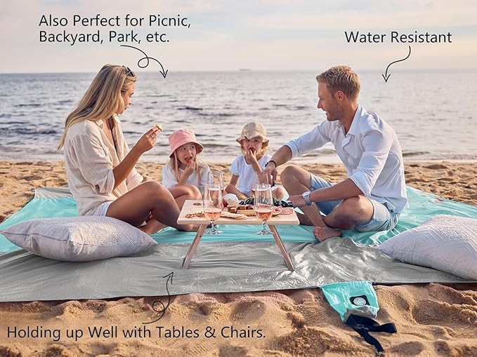 WEKAPO Beach Blanket Sandproof Waterproof, Extra Large Beach Mat, Oversized & Compact Sand Free Mat Quick Drying, Lightweight & Durable with Stakes & Corner Pockets