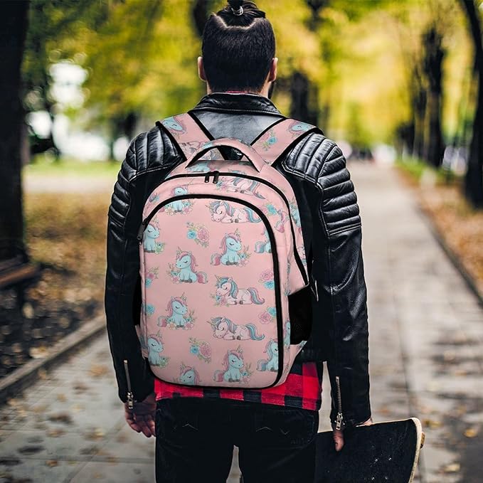 Carry On Anti Theft Laptop Backpack Pink Cute Unicorns, Large Sturdy Travel Bag with Multi Compartments for Business Weekender Hiking