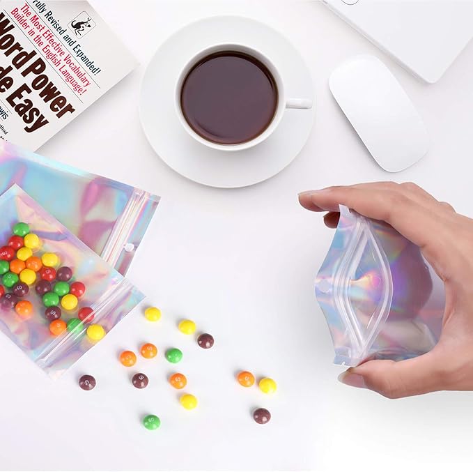 2x3 inch 100PCS Resealable Smell Proof Bags–Holographic Packaging Foil Pouch Baggies, Clear Small Mylar Bag for Jewelry,Candy,Food Storage,Business