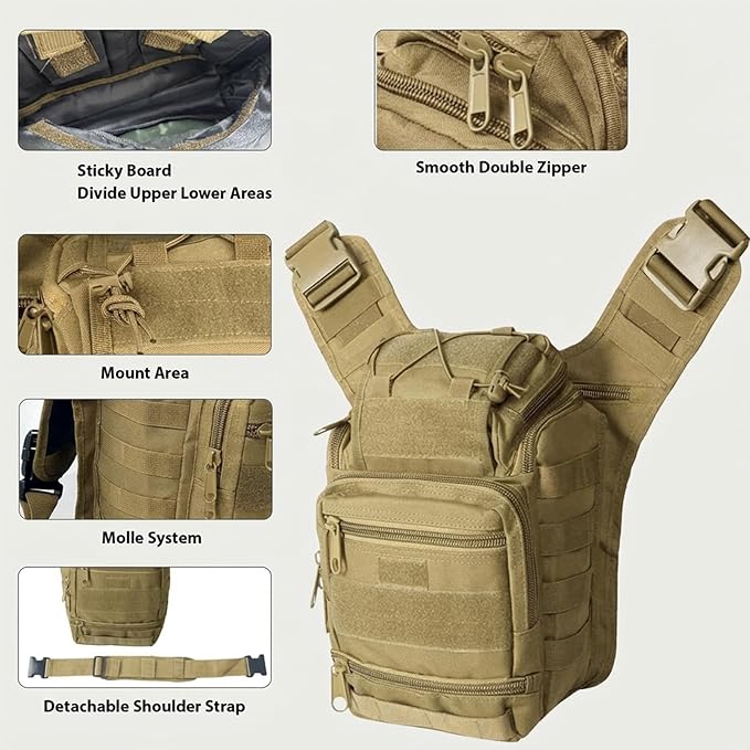 Tactical Backpack for Men，Military Sport Bag Pack Sling Shoulder Backpack Tactical Crossbody Bag EDC Molle Assault Range Bag Chest Pack for Hiking Camping Outdoor - Khaki