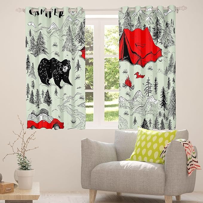Feelyou Green Camper Camping Curtains for Bedroom Living Room Rustic Farmhouse Bear Blackout Darkening Drapes Happy Camping Window Treatments, 2 Panels 38 x 45 Inch Room Decor