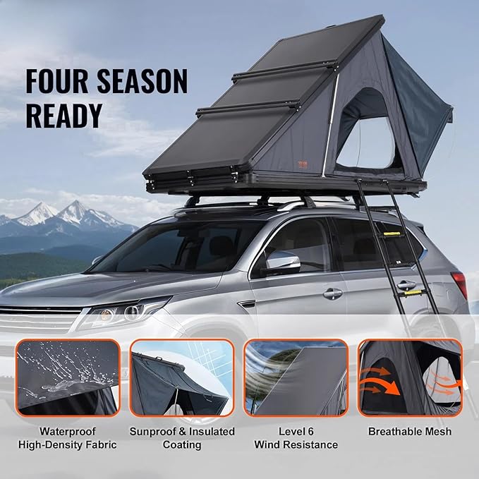 Rooftop Tent Hard Shell, Roof Top Tent for Car SUV Truck Jeep Van Camping, Roof Tents with Telescopic Ladder Thick Mattress & LED Strip Light, 2-3 Person Family Camping Tents