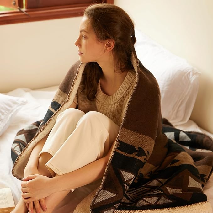 Aztec Patterned Throw Blanket with Soft Sherpa Lining, Traditional Southwestern Navajo with Cross Pattern Warm Throw for Camping, Outdoor, Light Weight Cozy Boho Blanket for Couch, Bed, 50”x60”, Brown