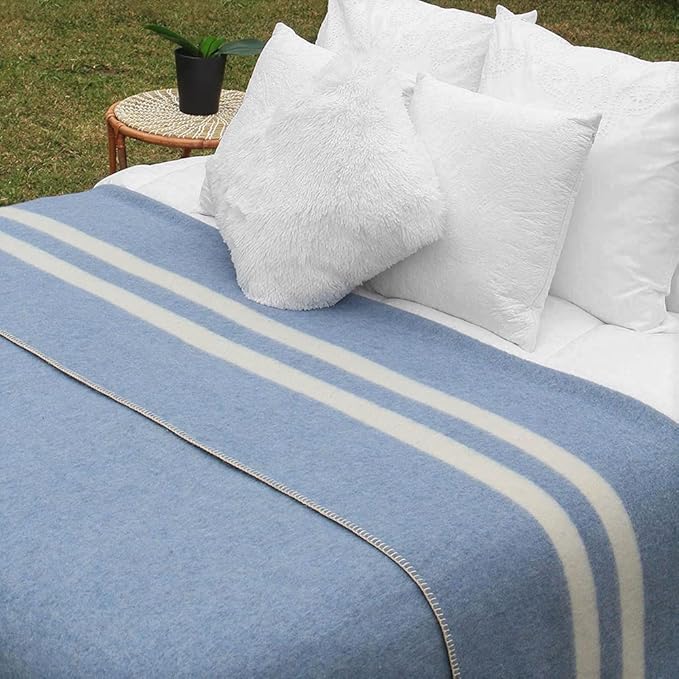 Thick Alpaca Wool Blanket Heavyweight Camping Outdoors Indoors Soft Peru King Size Stripes Design (Soft Blue - Ivory Stripes, King Size)
