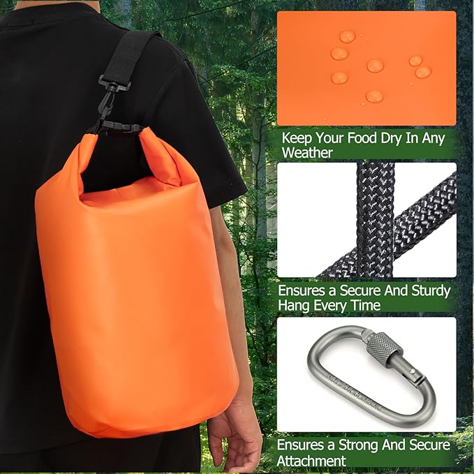Bear Bag Hanging System - 15L Heavy Duty Waterproof Bear Proof Food Storage Kit with Rock Sack 2 Ropes 2 Safety Clips 1 Straps for Hiking, Camping & Backpackin
