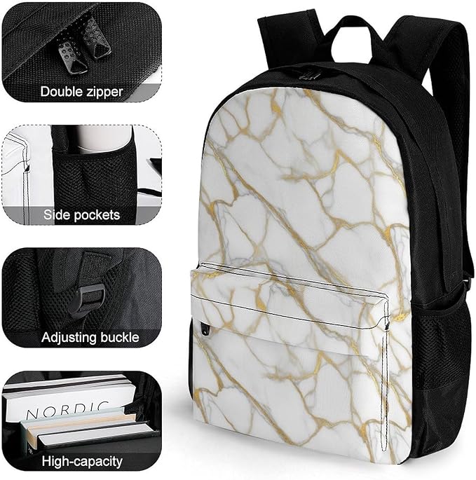 Supdreamc Lightweight Daypack Bookbag for Trekking Business Walking Cycling, Big Capacity Anti-Theft Multipurpose Carry On Bag, Gold Marble White Business Computer Bag