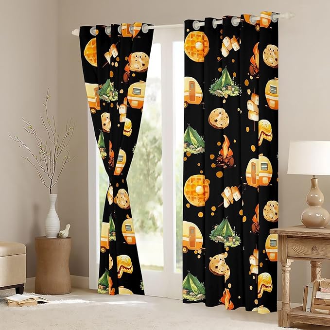 Cartoon Camper Kids Blackout Curtains,Tent Bonfire Campfire Rustic Farmhouse Boys Girls Room Decor,Picnic RV Nature Camping Window Drapes,Black 2 Panels,42Wx90L inch
