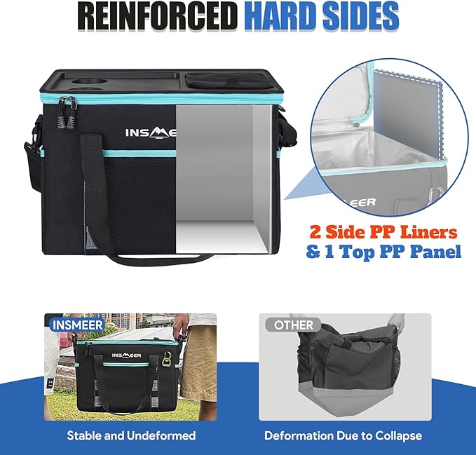 INSMEER Soft Cooler Bag with Hard Shell & 2 Cup Holders, Portable 40L/70 Cans Collapsible Cooler Bags Insulated with Leakproof for Travel, ice chests and Cooler Lunch Box for Beach Camping Picnic