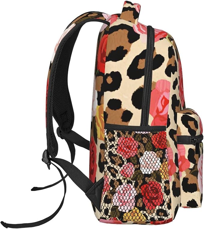 Rucksack Anti-Theft Multipurpose Big Capacity Carry On Bag, Cheetah Leopard Print Floral Traveling Camping Backpack With Side Pockets