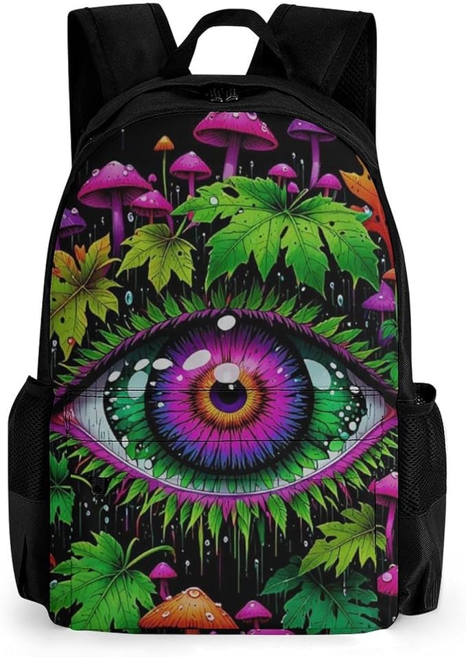 Daypack Backpack Anti-Theft Multipurpose Large Capacity Carry On Bag, Trippy Eye Mushroom Art Traveling Camping Backpack With Side Pockets