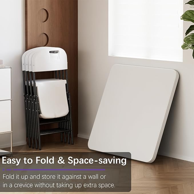 VECELO Folding Card Table Square and Chairs Set, Collapsible Legs & Portable for Indoor/Outdoor, Picnic, 5 Piece, White