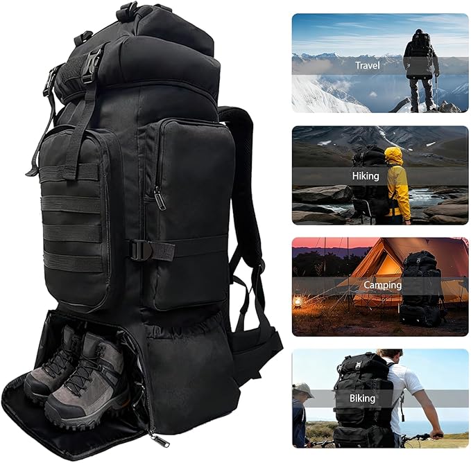 Tactical 80L Hiking Backpack with Dedicated Shoe Compartment - Large Capacity Rucksack for Camping Backpacking Men Women - Outdoor Trekking Travel Pack (Black)