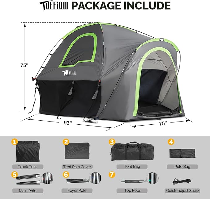 TUFFIOM Update 5.5-6ft Pickup Truck Tent for Camping, Truck Bed Tent with Reinforcement Fiberglass Poles, PU2000 Waterproof and Rainfly for 2 People, Easy Set Up, Good Ventilation