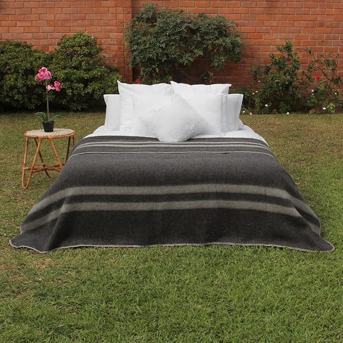 Thick Alpaca Wool Blanket Heavyweight for Camping Outdoors or Using Indoors | Soft Peruvian Alpaca Wool Blankets (Dark Gray -Soft Gray Stripes, King)
